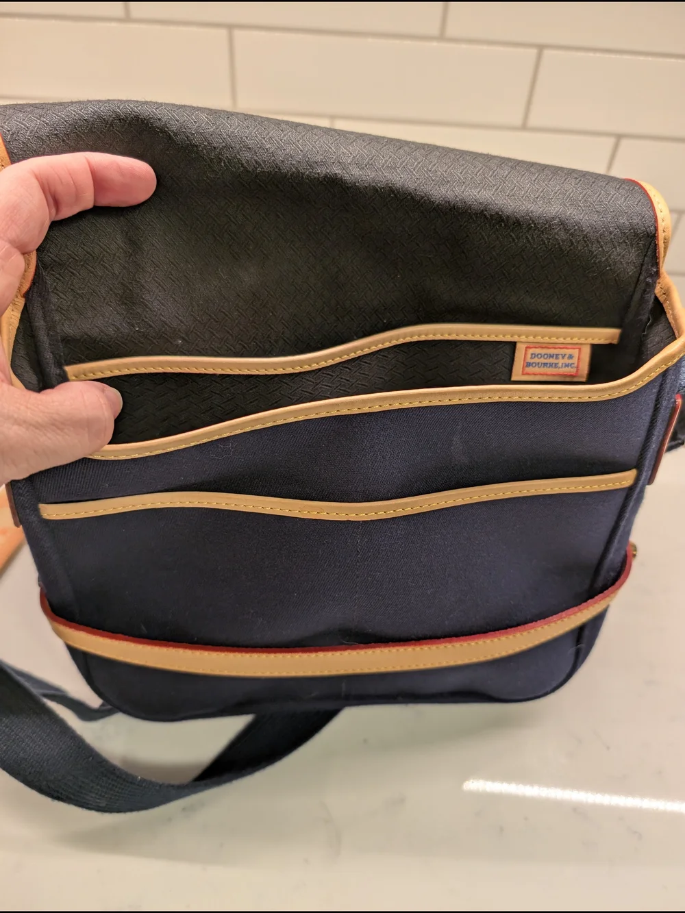 Dooney & Bourke Cabriolet Navy Canvas Messanger Crossbody Bag with Tan Trim